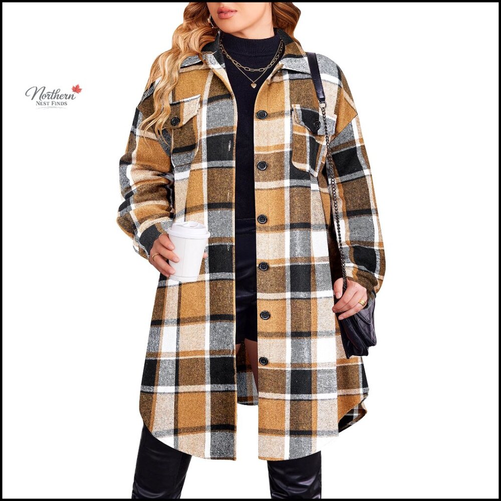 Plus Size Flannel Plaid Button Down Shirt Long Sleeve Shacket Jacket - Picture 1 of 7